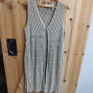 Vtg White Stag Women's Crocheted Full Length Duster Sz XL Khaki Duster Sleeveles